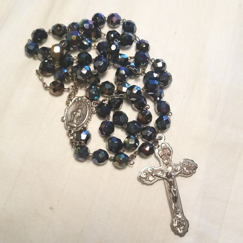 Silver Glorious Mysteries Rosary Beads Glass Cross Crucifix